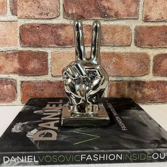 Ceramic Peace Sign Hand Sculpture Figurine Metallic Silver Tone BOHO Decor - Picture 1 of 16
